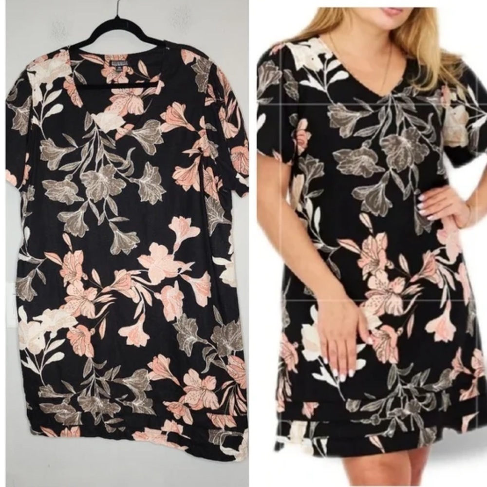 Nicole Miller Linen Blend Black Floral V-Neck Flutter Sleeve Dress Size XXL